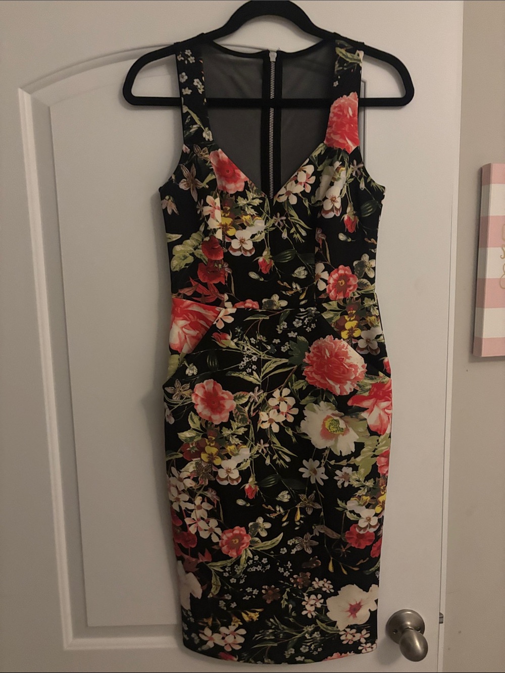 Bisou Bisou Black Midi Dress with Coral and White Floral Print